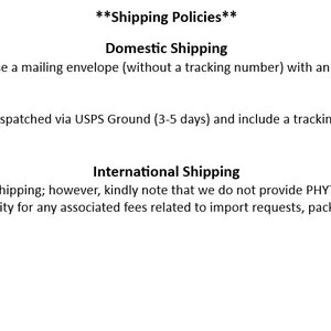Puede incluir: Pol&iacute;ticas de env&iacute;o para pedidos nacionales e internacionales. Los pedidos nacionales por debajo de $ 15 se env&iacute;an en un sobre postal sin n&uacute;mero de seguimiento. Los pedidos superiores a $ 15 se env&iacute;an a trav&eacute;s de USPS Ground con un n&uacute;mero de seguimiento. Los pedidos internacionales se env&iacute;an, pero no incluyen certificados PHYTO. El comprador es responsable de cualquier tarifa de importaci&oacute;n, retenci&oacute;n de paquetes o env&iacute;os perdidos.
