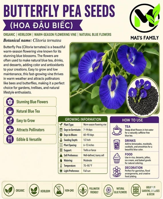 Butterfly Pea Seeds, Clitoria ternatea, Hoa Đậu Biếc, Organic Blue Flower Vine Seeds