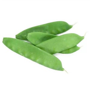 May include: Four fresh green snow peas, also known as mangetout, are arranged on a white background. The peas are long and slender, with a slightly curved shape.
