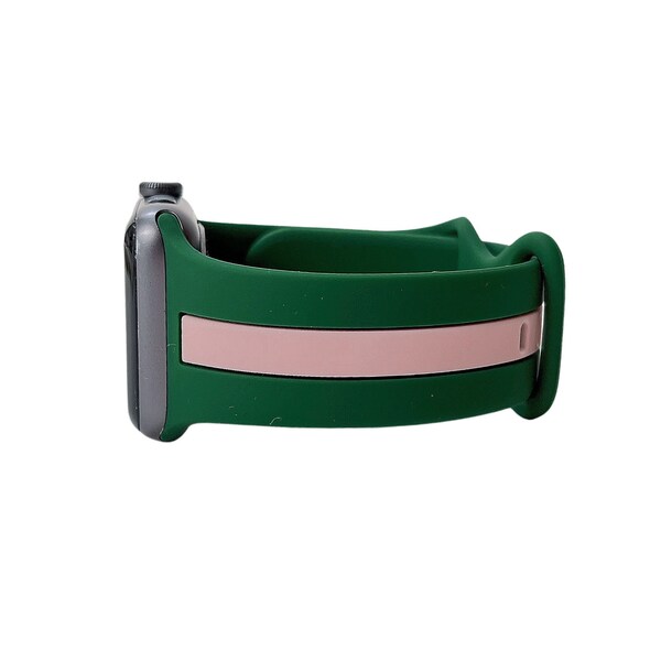 Green Pink Stripe Apple Watch Band, Luxury Sports Strap for 38mm 40mm 42mm 44mm, Silicone iWatch Band, Ready to Ship, Gift for Her and Him