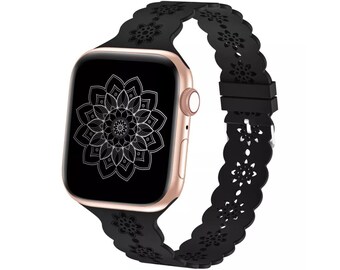 Black Silicone Flower Star Lace Apple Watch Band for 38mm 40mm 42mm 44mm, Mandala Silicone iWatch Band for Women, Ready to Ship Gift for Her