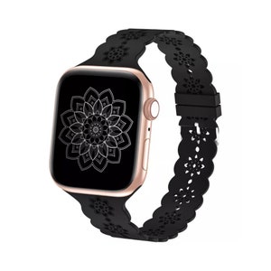 Black Silicone Flower Star Lace Apple Watch Band for 38mm 40mm 42mm 44mm, Mandala Silicone iWatch Band for Women, Ready to Ship Gift for Her
