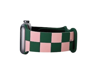 Green and Pink Checkered Silicone Apple Watch Band 38 40 42 44mm, Silicone iWatch Band for Women and Men, Ready to Ship, Gift for Her or Him