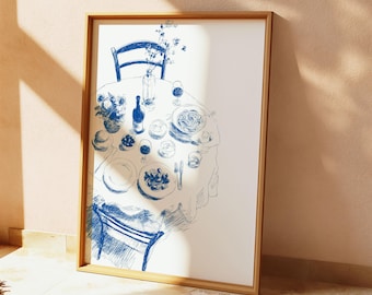 Italian Table Setting Pencil Drawing, Hand Drawn Mediterranean Kitchen Art, Aperitivo Sketch Print, European Wall Decor