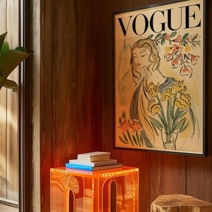 May include: A framed "VOGUE" magazine cover art print featuring a woman holding flowers. The artwork is displayed above a stack of books on a clear orange acrylic side table. A wooden stump is next to the table.