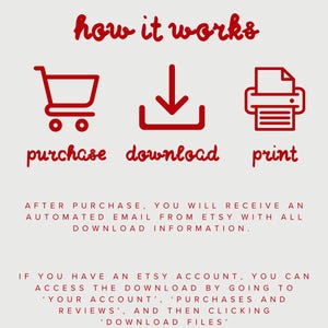 May include: A graphic illustrating the steps to purchase, download, and print a digital product. The image includes a shopping cart, a downward arrow, and a printer icon, with the words "purchase," "download," and "print" below each icon. Text explains the download process.