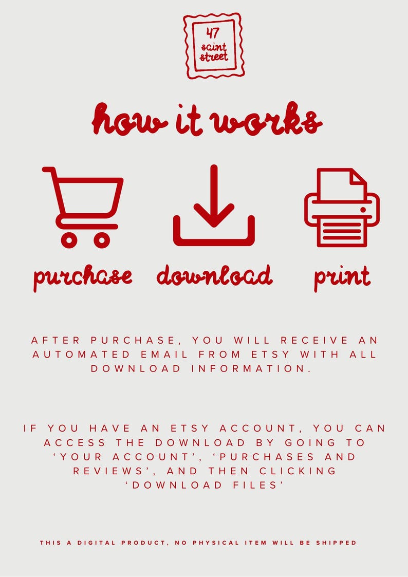 May include: A graphic illustrating the steps to purchase, download, and print a digital product. The image includes a shopping cart, a downward arrow, and a printer icon, with the words "purchase," "download," and "print" below each icon. Text explains the download process.