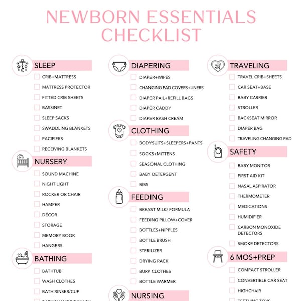 Baby Essentials Checklist Printable Pink | Newborn Essentials | Nursery Checklist | Baby Registry Checklist | Instant Download