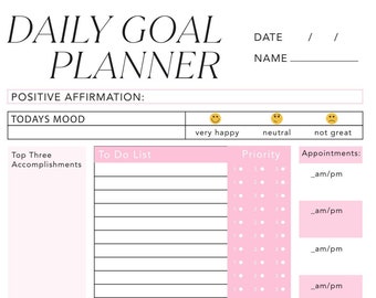 May include: A pink and white daily goal planner with sections for positive affirmations, mood, top three accomplishments, to do list, priority, appointments, meal plan, daily water intake, productivity level, and gratitude. The planner has a simple and modern design.