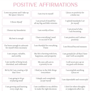 May include: A pink and white graphic with 25 positive affirmations for self-improvement. The affirmations are organised in a grid of five columns and five rows. Each affirmation is written in a white sans-serif font on a pink rectangle.