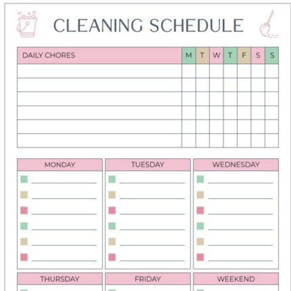 Cleaning Schedule Printable Etsy