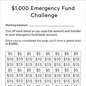 May include: A printable chart to help you save money for an emergency fund. The chart has a grid with dollar amounts from $5 to $20. The goal is to save $1,000.