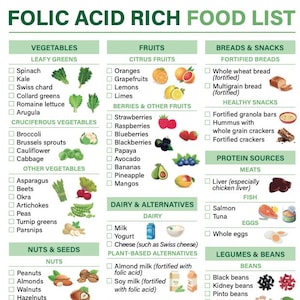Folic Acid Rich Foods | Folic Acid Rich Foods List | A4 Size | Instant Download
