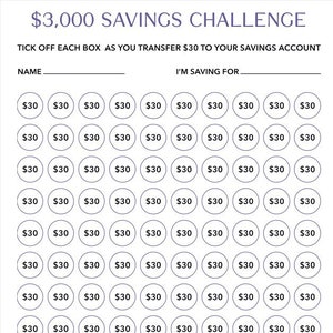May include: A printable savings challenge chart with the text "$3,000 Savings Challenge" at the top. The chart has 10 rows of 10 circles, each labeled with "$30". The chart is designed to help people save money by tracking their progress.