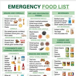 May include: An emergency food list with categories including grains, cereals, dry goods, beverages, canned goods, and ready-to-eat meals. The list features various food items like instant oatmeal, canned vegetables, and bottled water.