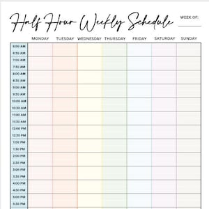 Half Hour Weekly Schedule | Time Blocking | Weekly Time Sheet | Half Hour Planner | Weekly Plan | Instant Download | A4 Size