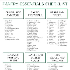 May include: A checklist of pantry essentials organized by category: grains, rice, and pasta; baking essentials; herbs and spices; legumes, nuts, and seeds; canned and jarred goods; oils, sauces, and vinegars. The checklist is written in a white font on a green background.