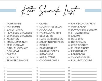 Keto Snack List Printable | Keto Meal Planner | Low Carb Food List | Keto Tracker | Low Carb Meal Planner | Instant Download