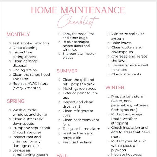 Home Maintenance Checklist | Home Repair Schedule | House Maintenance Planner | Yearly Home Maintenance | Spring Cleaning | Instant Download