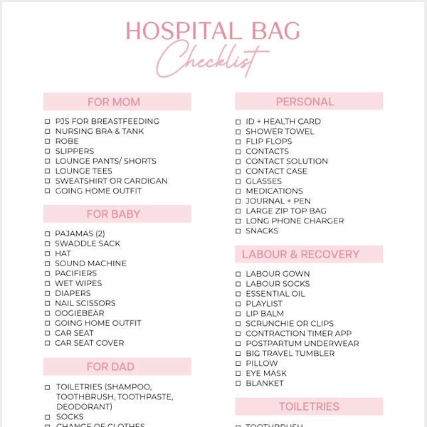 Hospital Bag Checklist Printable Pink |Hospital Bag Essentials |Birth Bag Packing List |Pregnancy Checklist |Labour List |Maternity List