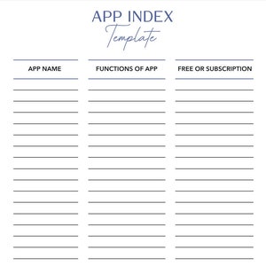 May include: A white template titled "APP INDEX Template" with three columns labeled "APP NAME", "FUNCTIONS OF APP", and "FREE OR SUBSCRIPTION". Each column has multiple horizontal lines for writing.