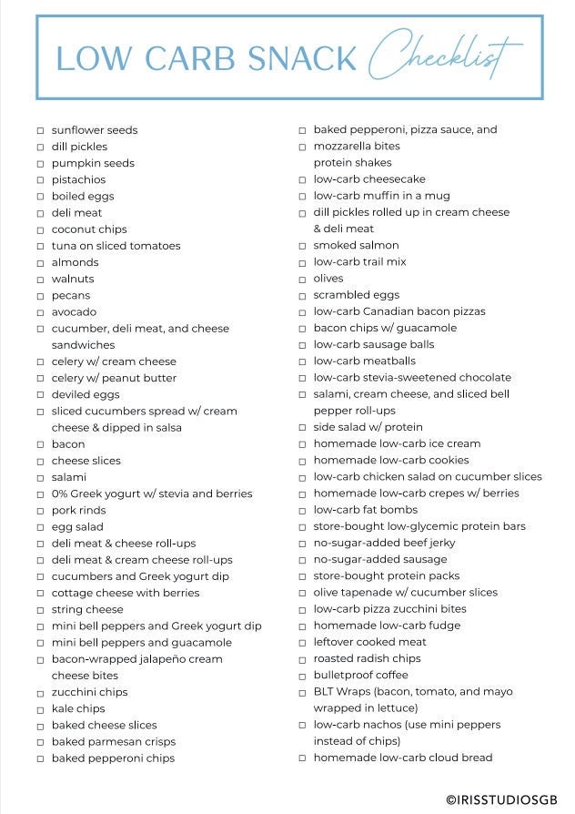 Low Carb Snack List Printable | Low Carb Meal Planner | Low Carb Food ...