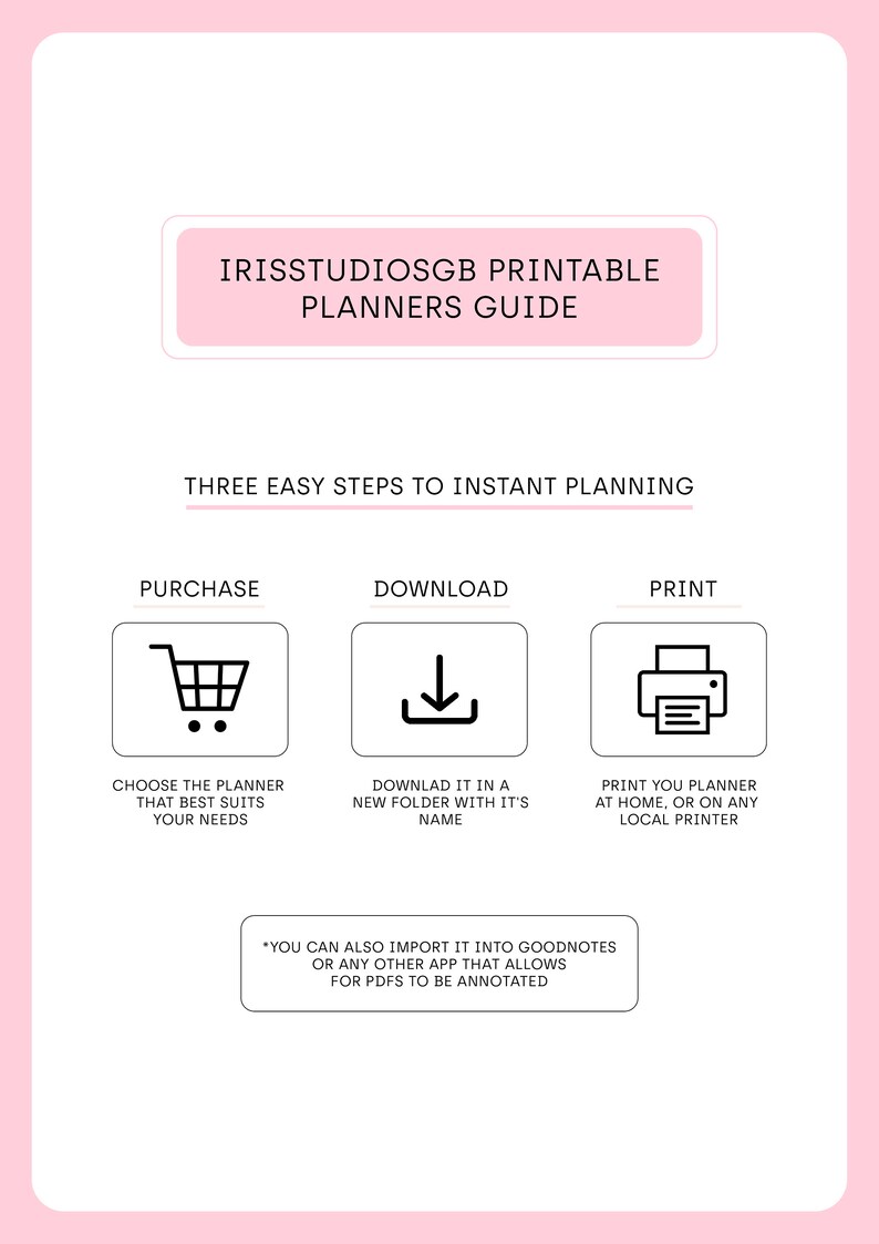 May include: A pink and white printable planner guide with the text "IRISSTUDIOSGB PRINTABLE PLANNERS GUIDE" and "THREE EASY STEPS TO INSTANT PLANNING". The guide includes three steps: purchase, download, and print. Each step is illustrated with a simple icon.