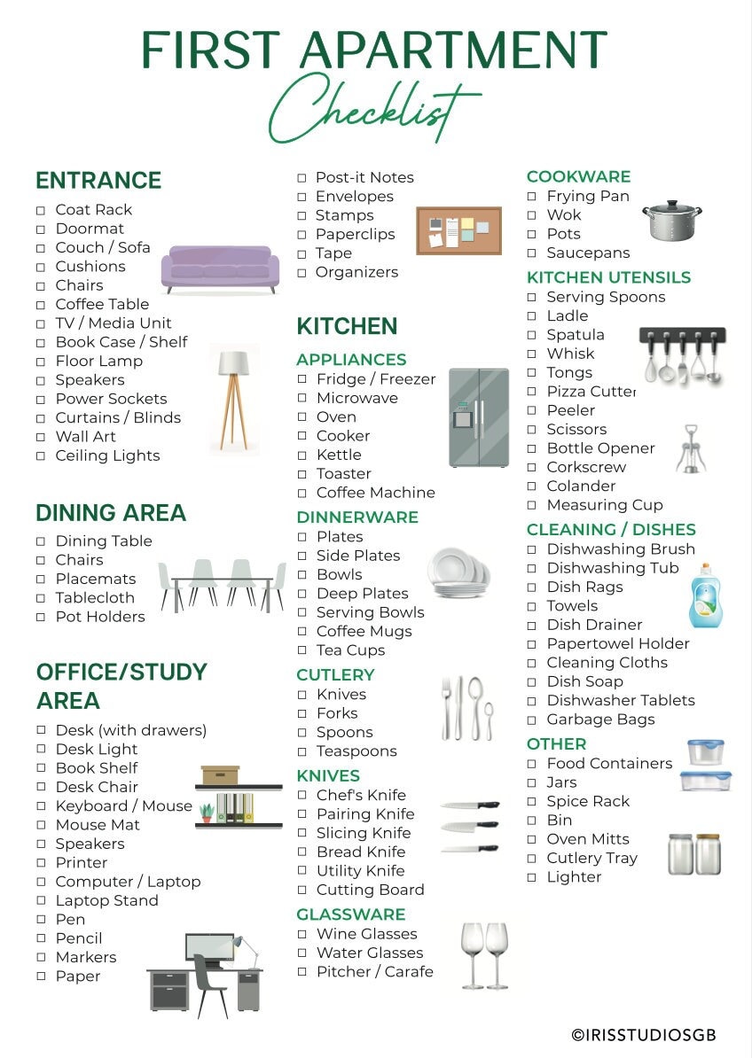 First Apartment Checklist (with Illustrations) | New Home Checklist | New Home Essentials Checklist | Instant Download | PDF