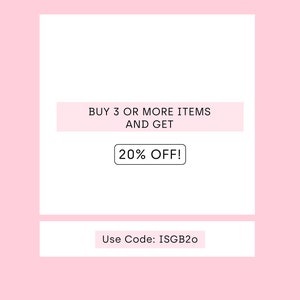 May include: A pink and white graphic with the text "BUY 3 OR MORE ITEMS AND GET 20% OFF!" and "Use Code: ISGB20". The graphic also includes the text "Irisstudiosgb".