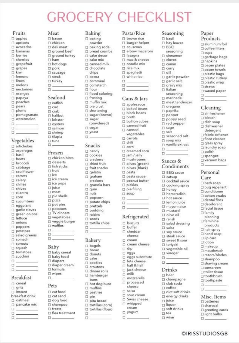 May include: A black and white grocery checklist with a pink title "Grocery Checklist". The checklist is divided into categories such as fruits, vegetables, meat, seafood, baking, pasta/rice, seasoning, paper products, cleaning, sauces & condiments, personal care, refrigerated, bakery, baby, pets, breakfast, drinks, and misc. items. Each category has a list of items to check off.