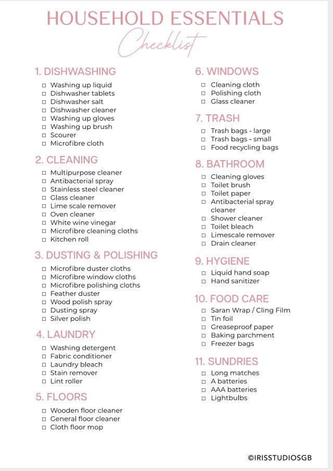 Household Essentials Checklist House Planner Home Management Household Planner Household