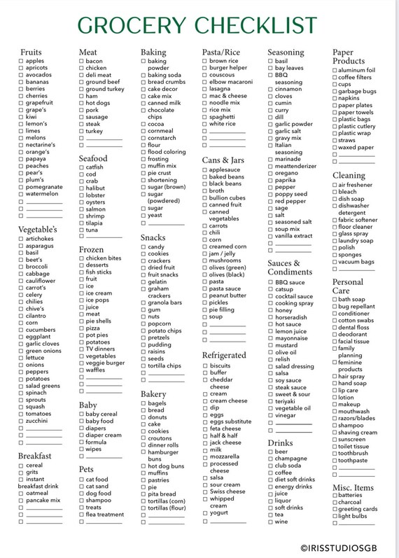 Grocery List Food Shopping List Printable Digital Etsy Australia