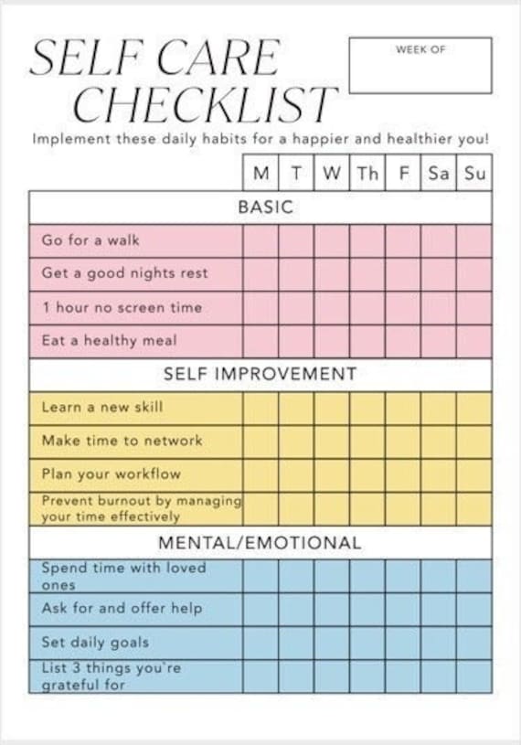 Self Care Checklist Tracker, Self Help Journal, Daily Routine