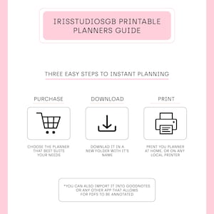 May include: A pink and white printable planner guide with the text "IRISSTUDIOSGB PRINTABLE PLANNERS GUIDE" and "THREE EASY STEPS TO INSTANT PLANNING". The guide outlines the steps to purchase, download, and print a planner. It also mentions that the planner can be imported into Goodnotes or any other app that allows for PDFs to be annotated.