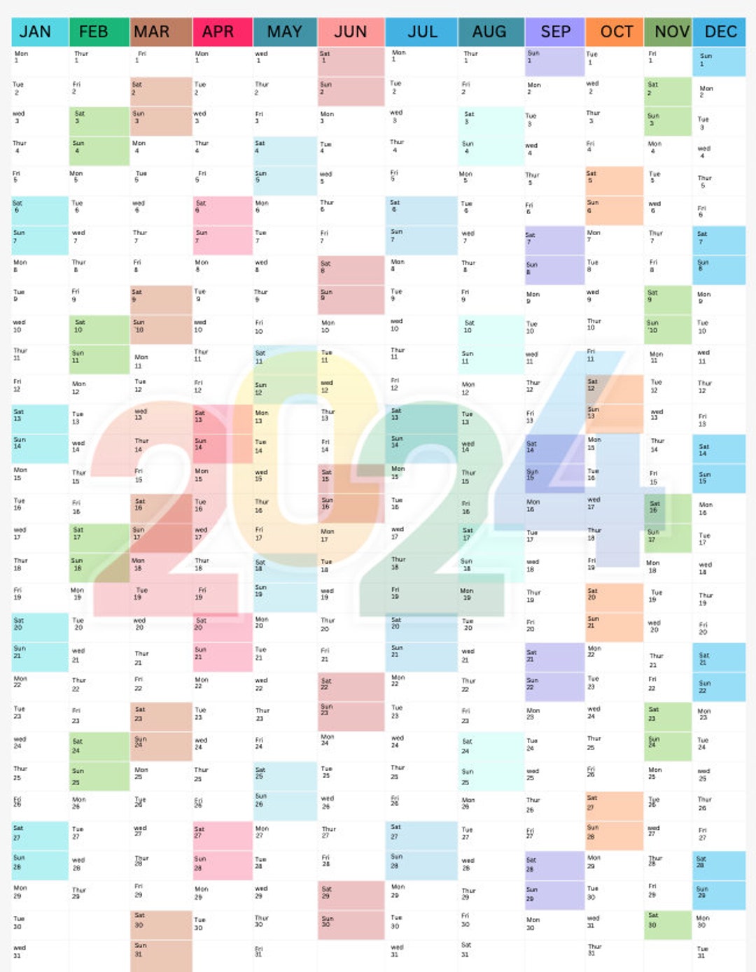Printable 2024 Calendar 2024 Wall Planner 2024 Full Year Calendar ...
