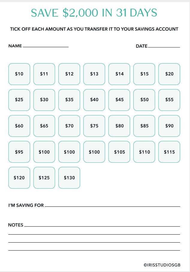 Save 2000 Dollars A Month 2000 Dollars Saving Challenge - Etsy