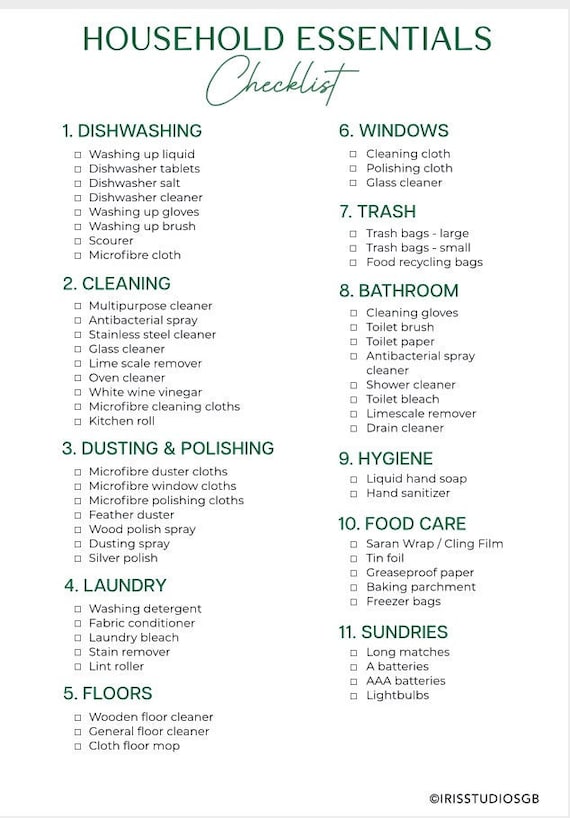Household Essentials Checklist House Planner Home Management