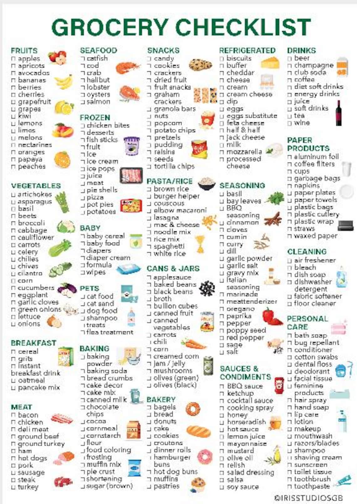 Grocery List Food Shopping List Printable, Digital Grocery List
