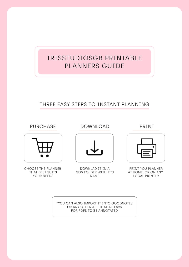 May include: A pink and white printable planner guide with the text "IRISSTUDIOSGB PRINTABLE PLANNERS GUIDE" and "THREE EASY STEPS TO INSTANT PLANNING". The guide includes three steps: purchase, download, and print. Each step is illustrated with a simple icon.