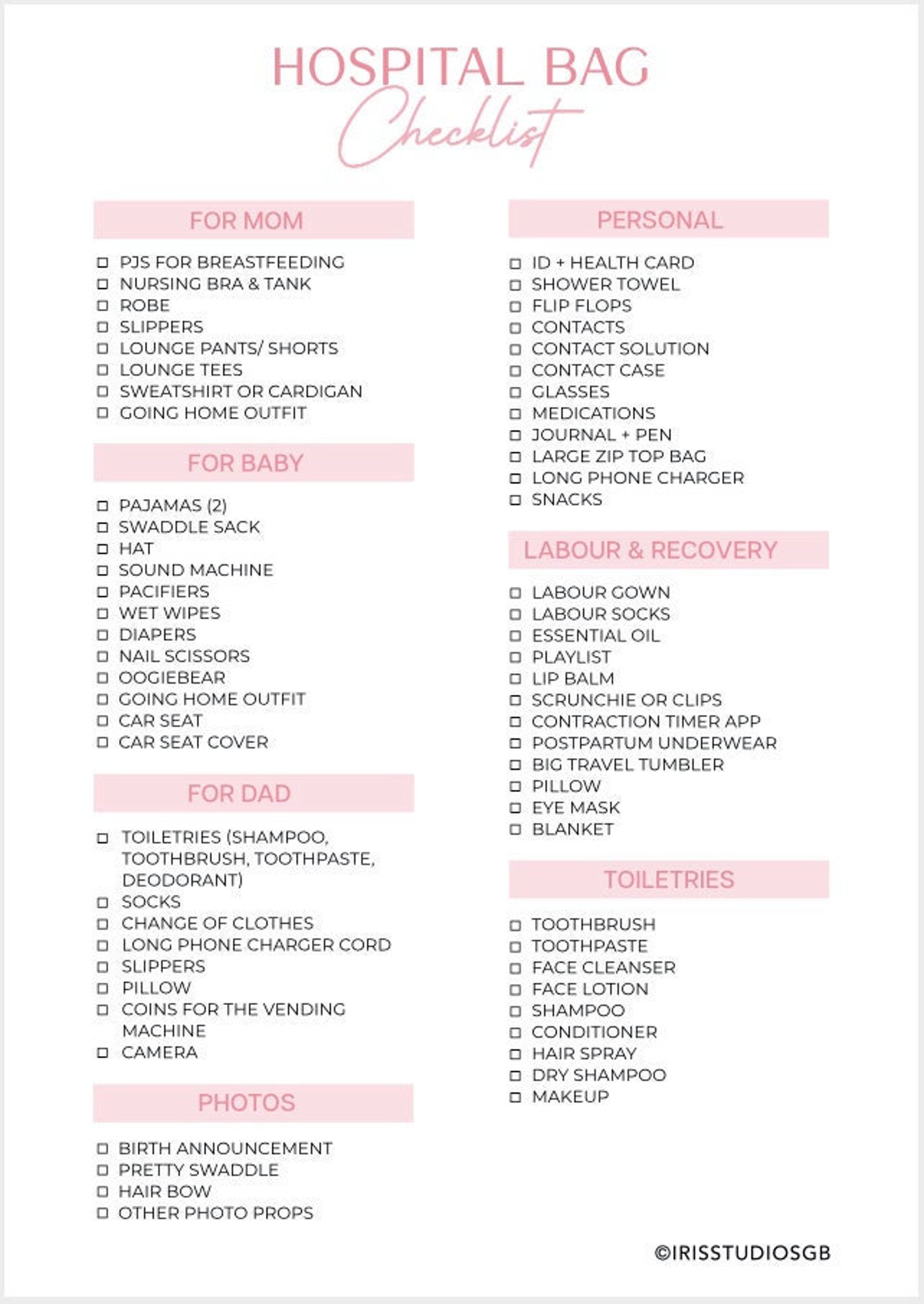 Hospital Bag Checklist Printable Pink hospital Bag Essentials - Etsy
