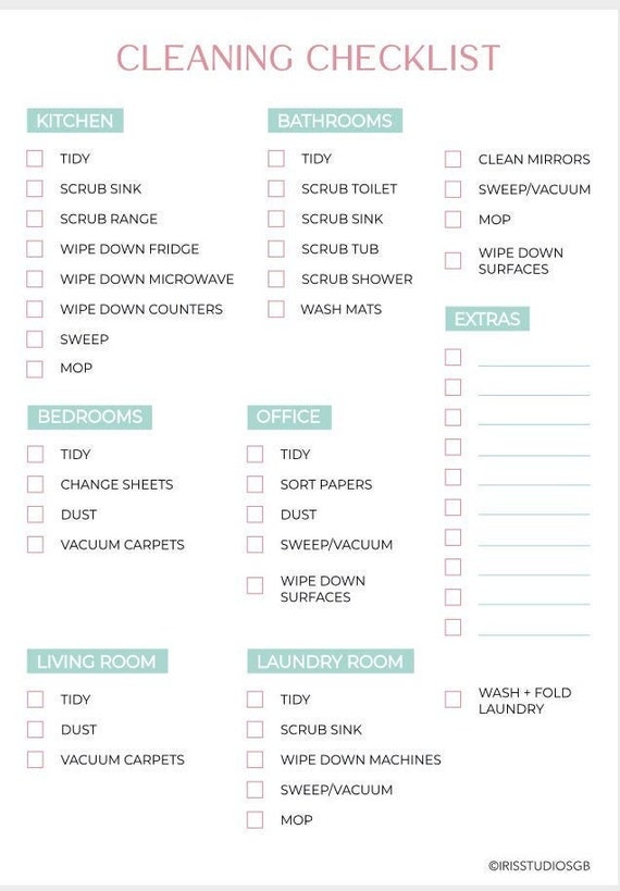 Home Cleaning Checklist Printable Cleaning Planner Etsy