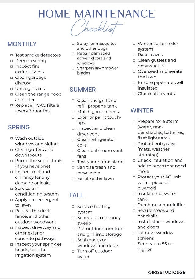 Home Maintenance Checklist Home Repair Schedule House - Etsy