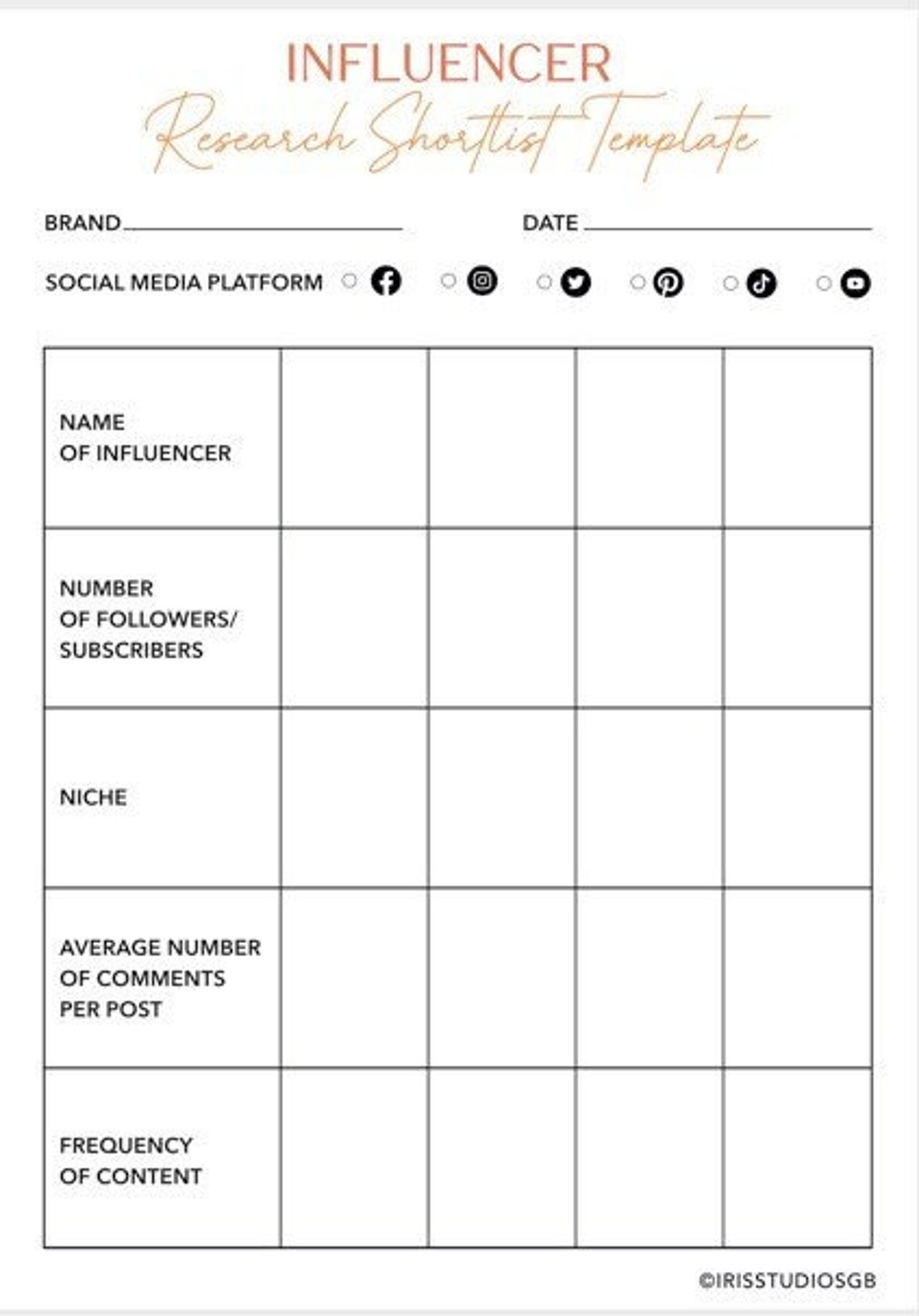 Influencer Roster Sheet Influencer Research Shortlist Template | Compatible With Goodnotes ...