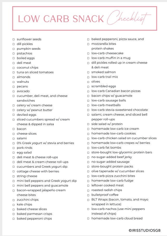 Low Carb Snack List Printable | Low Carb Meal Planner | Low Carb Food ...