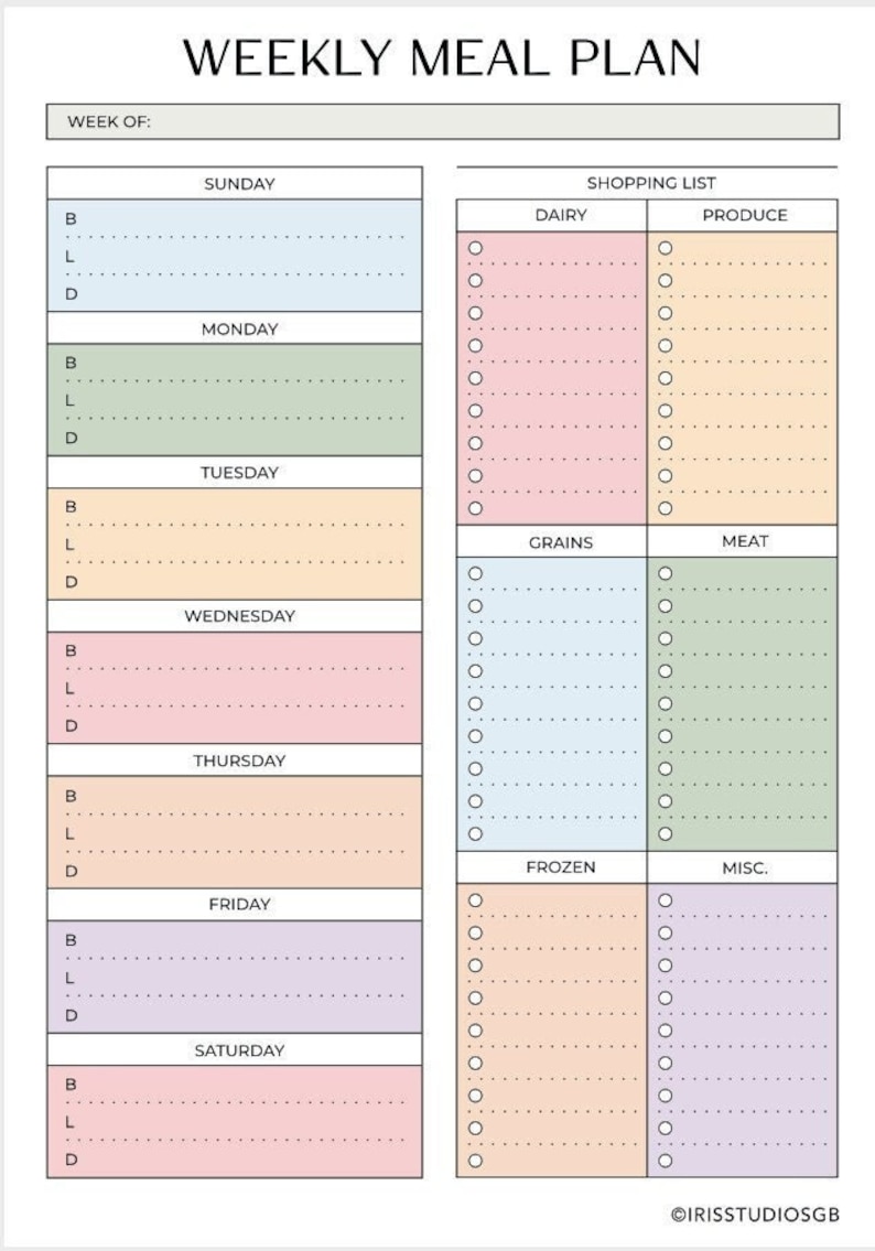 May include: A printable weekly meal planner with a shopping list. The planner has sections for breakfast, lunch, and dinner for each day of the week. The shopping list is divided into categories: dairy, produce, grains, meat, frozen, and misc.