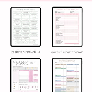 May include: Four printable planner pages in a digital format. The pages are for positive affirmations, monthly budget, daily goal, and paycheck budget. The pages are designed with a pink and green color scheme.