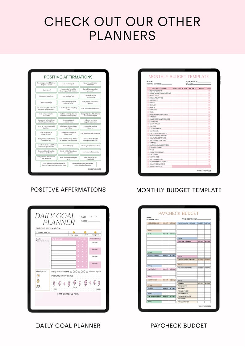 May include: Four printable planner pages in a digital format. The pages are for positive affirmations, monthly budget, daily goal, and paycheck budget. The pages are designed with a pink and green color scheme.