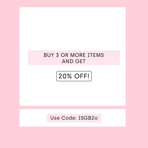 May include: A pink and white graphic with the text "BUY 3 OR MORE ITEMS AND GET 20% OFF!" and "Use Code: ISGB20". The graphic also includes the text "Irisstudiosgb".