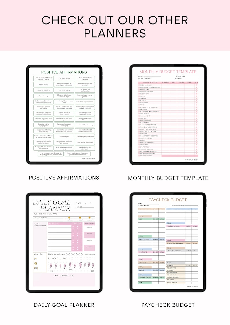 May include: Four printable planner pages in a digital format. The pages are for positive affirmations, monthly budget, daily goal, and paycheck budget. The pages are designed with a pink and green color scheme.