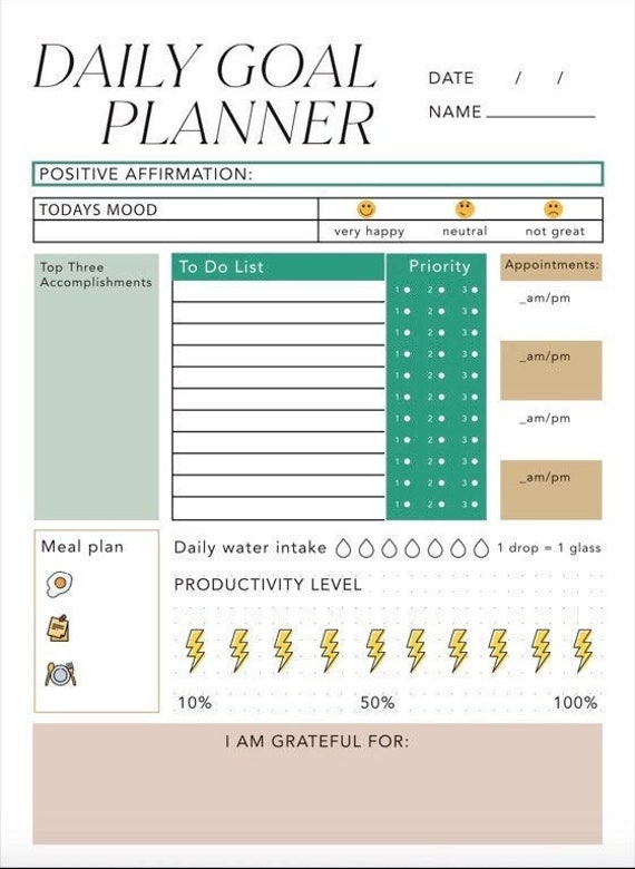 Daily Goal Planner Printable, Instant Download | Habit